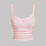 Pink Tank Top With Pleated Lace Patchwork Bow