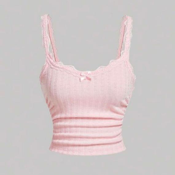 Pink Tank Top With Pleated Lace Patchwork Bow